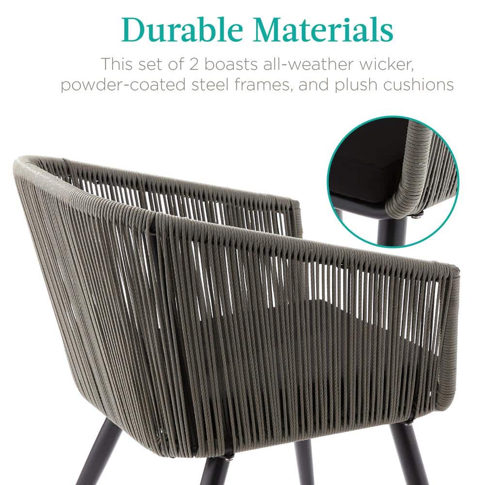 Set of 2 Gray and Black Woven Wicker Patio Dining Chairs