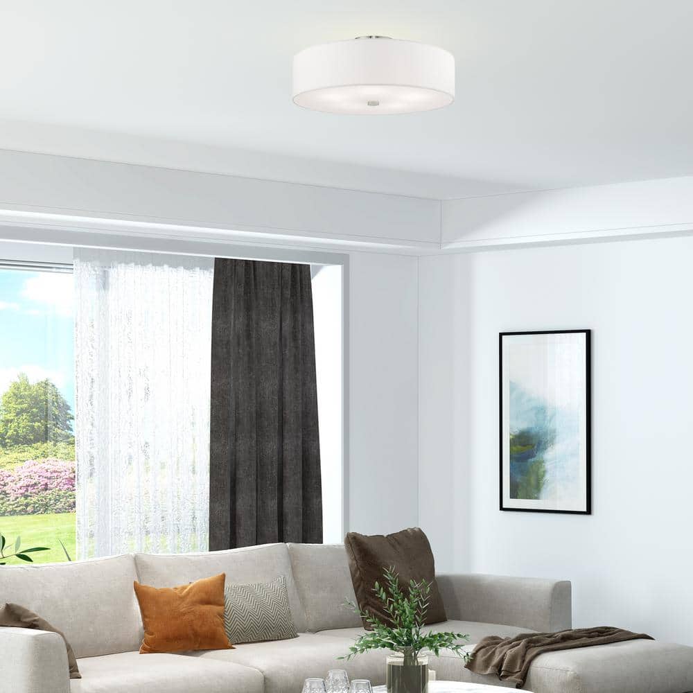 Brushed Nickel 22" Drum Semi-Flush Mount with Off-White Shade
