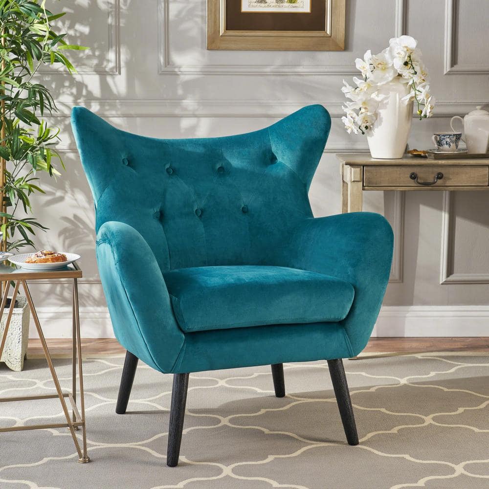 Dark Teal Velvet Wingback Accent Chair with Wood Legs