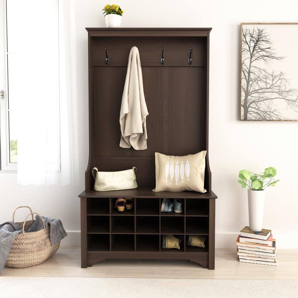 Espresso Wood Hall Tree with Shoe Storage and Bench