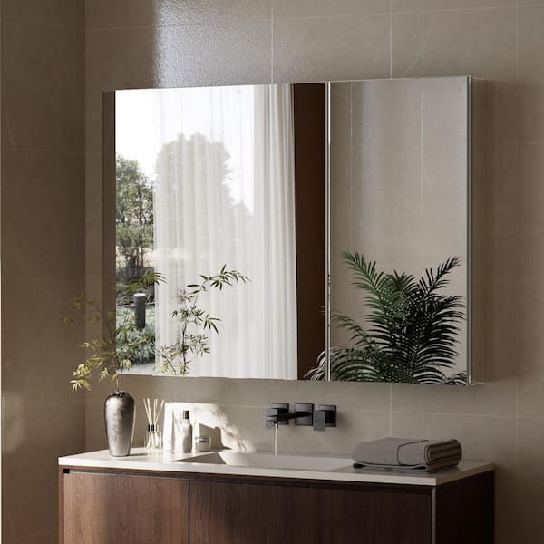 36 in. W x 26 in. H Rectangular Aluminum Recessed or Surface-Mount Medicine Cabinet with Mirror and 2 Doors