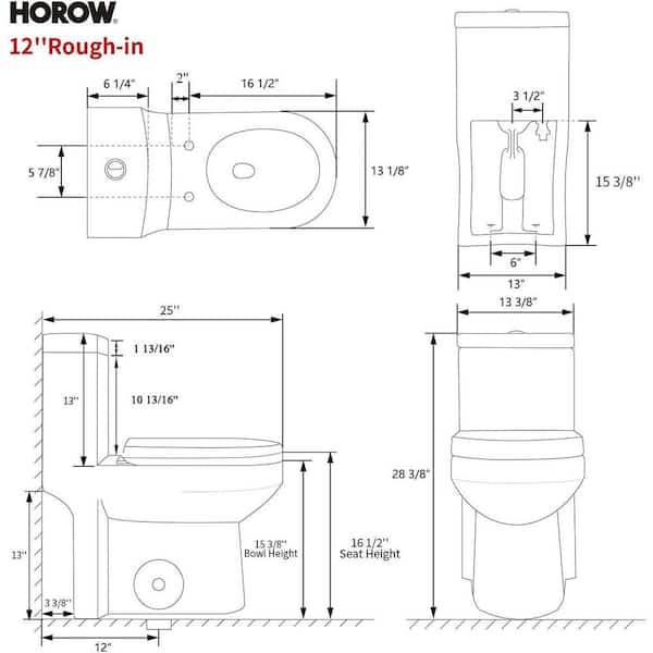 HOROW 1-piece 0.8/1.28 GPF Dual Flush Round Toilet in White Seat