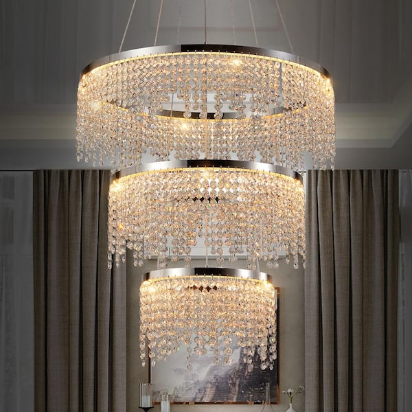 23.6 in. 3-Light Dimmable Integrated LED Chrome Luxury Modern Crystal Chandelier for Dining Room