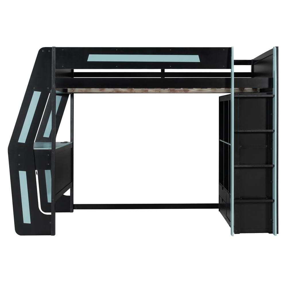Black+Blue Full Wood Loft Bed with Integrated Desk, RGB LED Lights, USB Ports, 6 Cubbies, 6 Drawers and Safety Staircase price history on PriceWatchPro