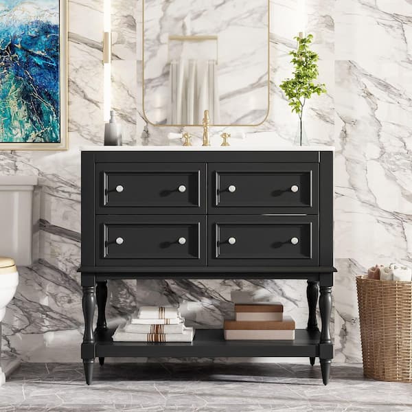 36 in. Single Sink Freestanding Black Bath Vanity with White Ceramic Top, 4 Drawers and Open Storage Shelf Unassembled