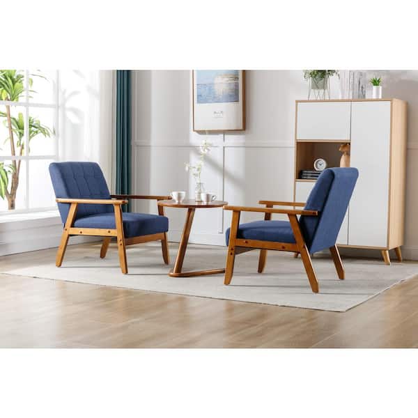 Zeus & Ruta 3-Piece Wood Outdoor Indoor Accent Chaise Lounge Chairs with 1 Side Table, Navy Blue Cushions for Living Room, Bedroom