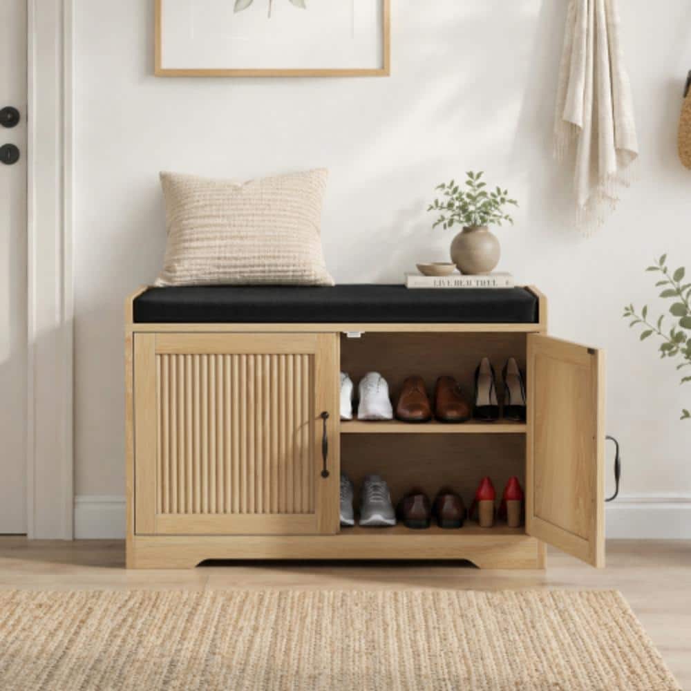 31.5" Oak Shoe Bench with Double Doors & Padded Seat, Entryway Storage