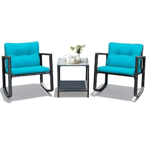 3-Pieces Rattan Rocking Chair Table Set Patio Furniture Set with Blue Cushions
