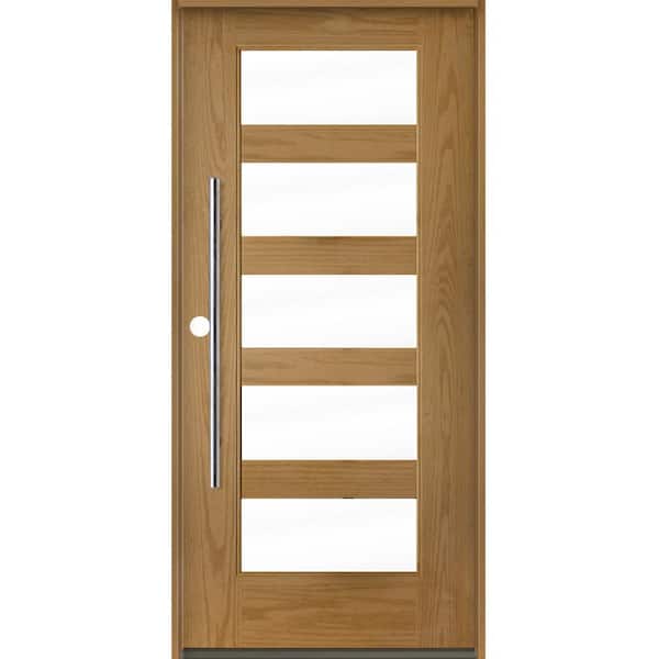 Krosswood Doors Modern Faux Pivot 36 in. x 80 in. 5 Lite Right-Hand/Inswing Clear Glass Bourbon Stain Fiberglass Prehung Front Door