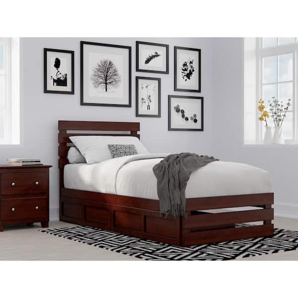 AFI Oxford Walnut Twin Extra Long Solid Wood Storage Platform Bed w/ Footboard and USB Turbo Charger w/ 2 Extra Long Drawers