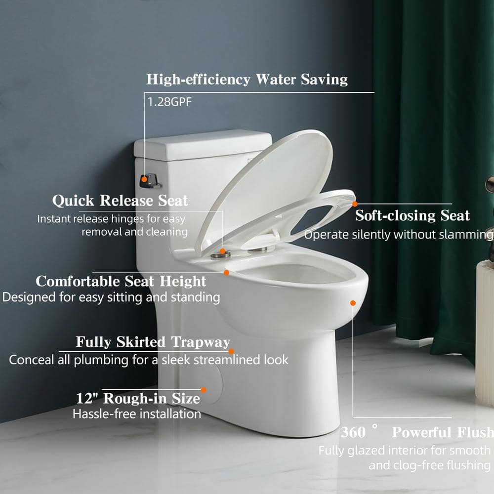 Glossy White Elongated One-Piece Dual Flush Toilet