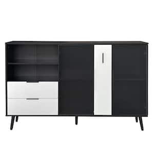 55.10 in. W x 11.80 in. D x 35.70 in. H Black White 2-Door Linen Cabinet with 2-Drawers and Metal Handles