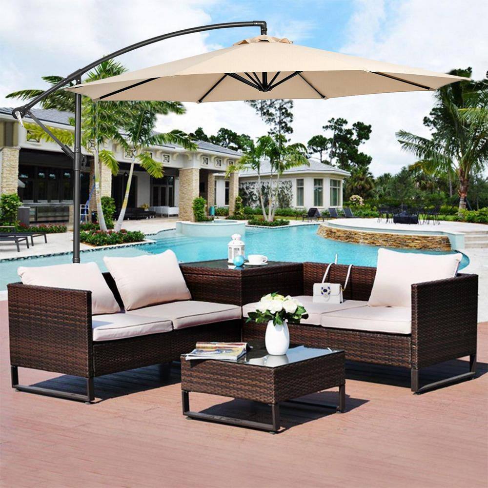 Beige 10' Iron Cantilever Patio Umbrella with Cross Base