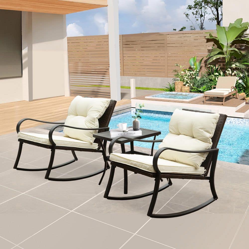 3-Pack Black Metal Outdoor Rocking Chair with White Cushions price history on PriceWatchPro