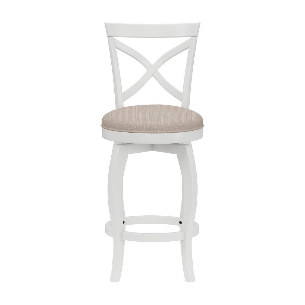 White Wood Swivel Counter Stool with Beige Fabric