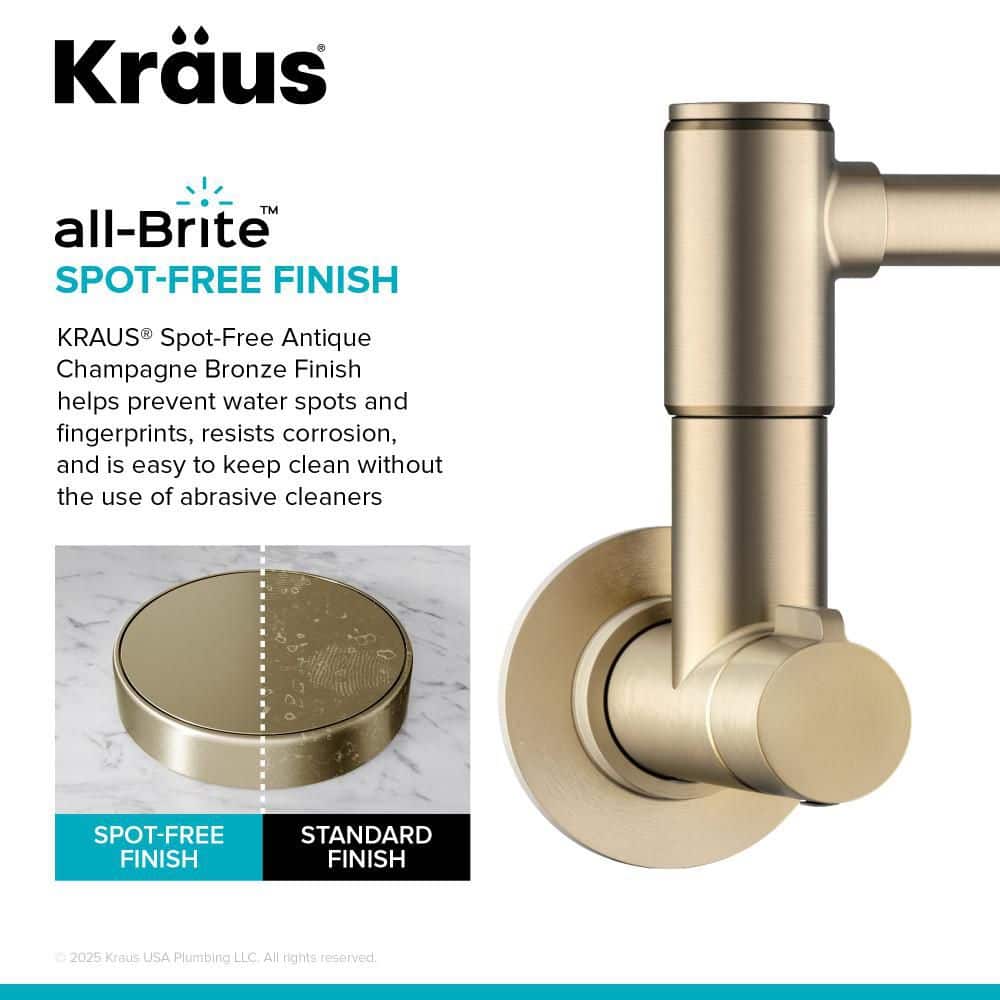 Bolden Wall Mount Pot Filler Kitchen Faucet with Retractable Arm in Spot-Free Antique Champagne Bronze