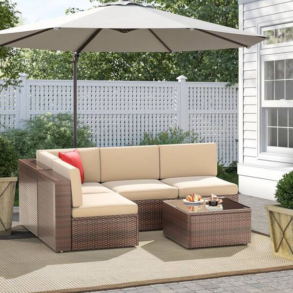 SUNMTHINK 5-Piece Wicker Outdoor Patio Conversation Set in Brown with Patio Beige Cushions Sofas and Coffee Table