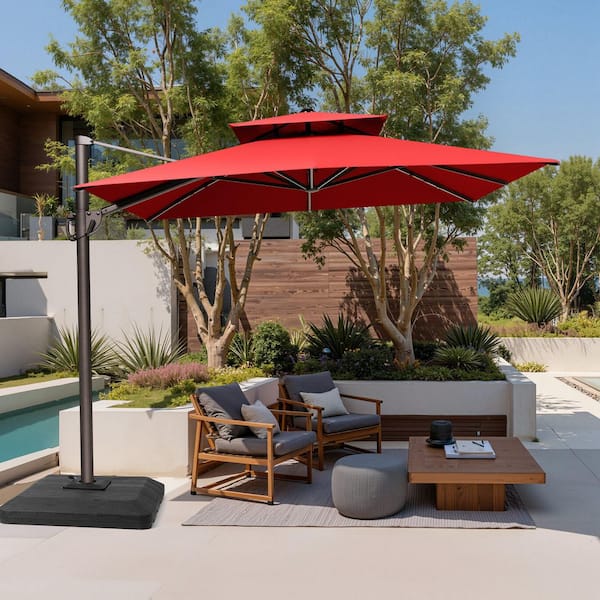canvas madrid offset patio umbrella with base red 11-ft 11 ft.x 9ft. Double Top Cantilever Patio Umbrella in Red 360° Rotation Outdoor Offset Umbrella w/350 lbs. Weighted Base
