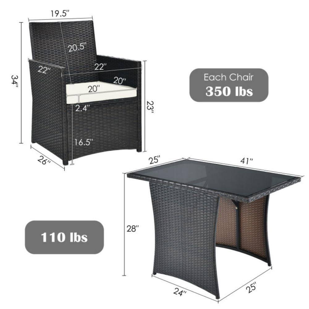 3-Piece Black Steel and Glass Patio Bistro Set with White Cushions