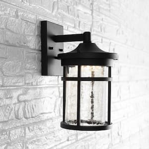 Campo Medium 11.5 in. Black Integrated LED Outdoor Wall Lantern Crackled Glass/Metal Sconce