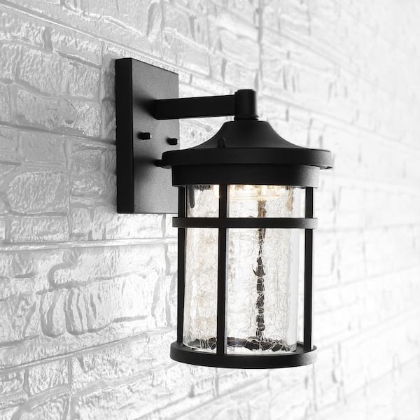 JONATHAN Y Campo Medium 11.5 in. Black Integrated LED Outdoor Wall Lantern Crackled Glass/Metal Sconce