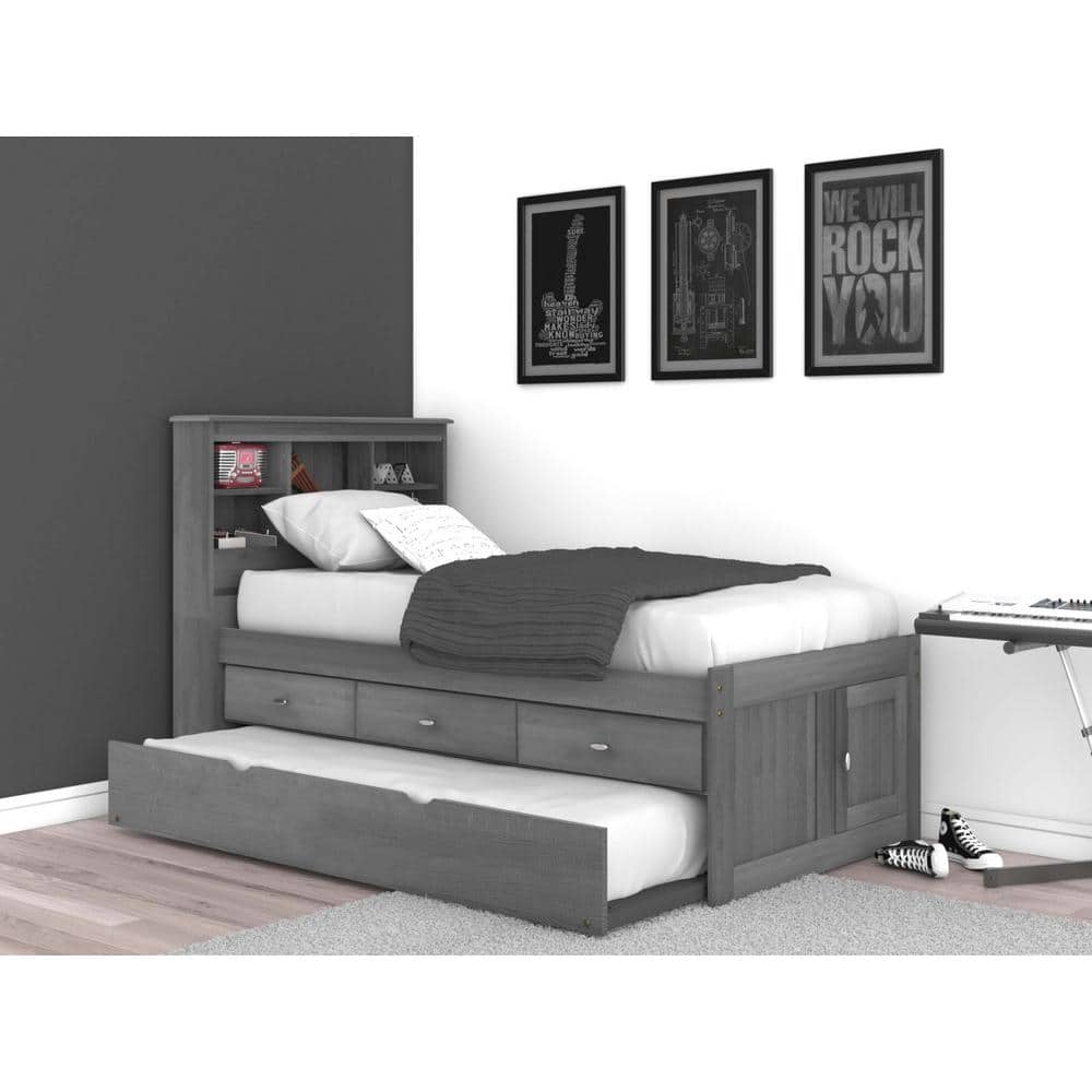 Charcoal Gray Solid Wood Twin Captain's Bed with Bookcase and Trundle