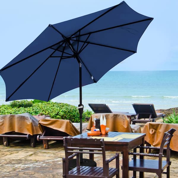 9 ft. Aluminum Market Crank and Tilt Patio Umbrella in Blue with Base