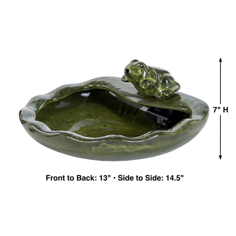 Green Glazed Ceramic Solar Powered Frog Tabletop Fountain