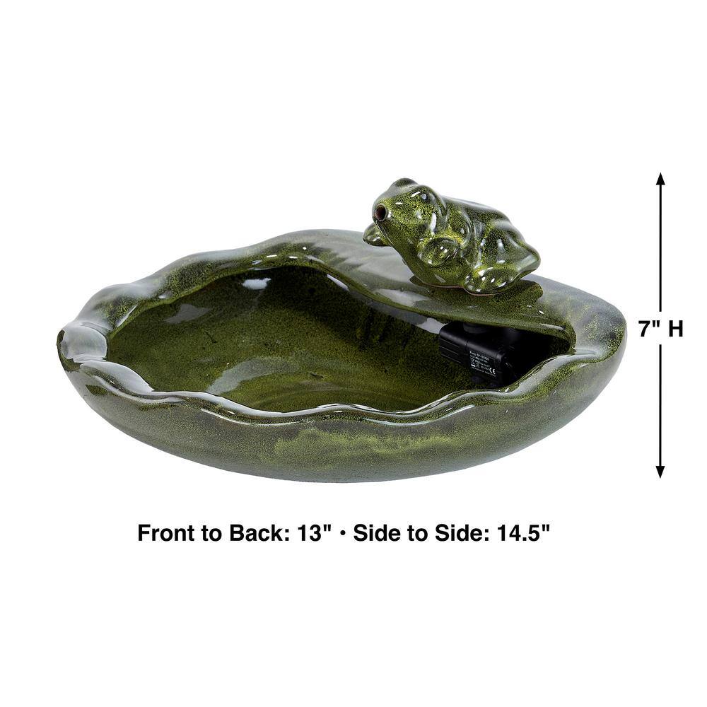 Green Glazed Ceramic Solar Powered Frog Tabletop Fountain