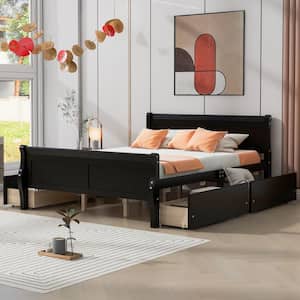 Espresso(Brown) Wood Frame Queen Size Platform Bed with 4 Storage Drawers on Each Side and Additional Slats Support Legs