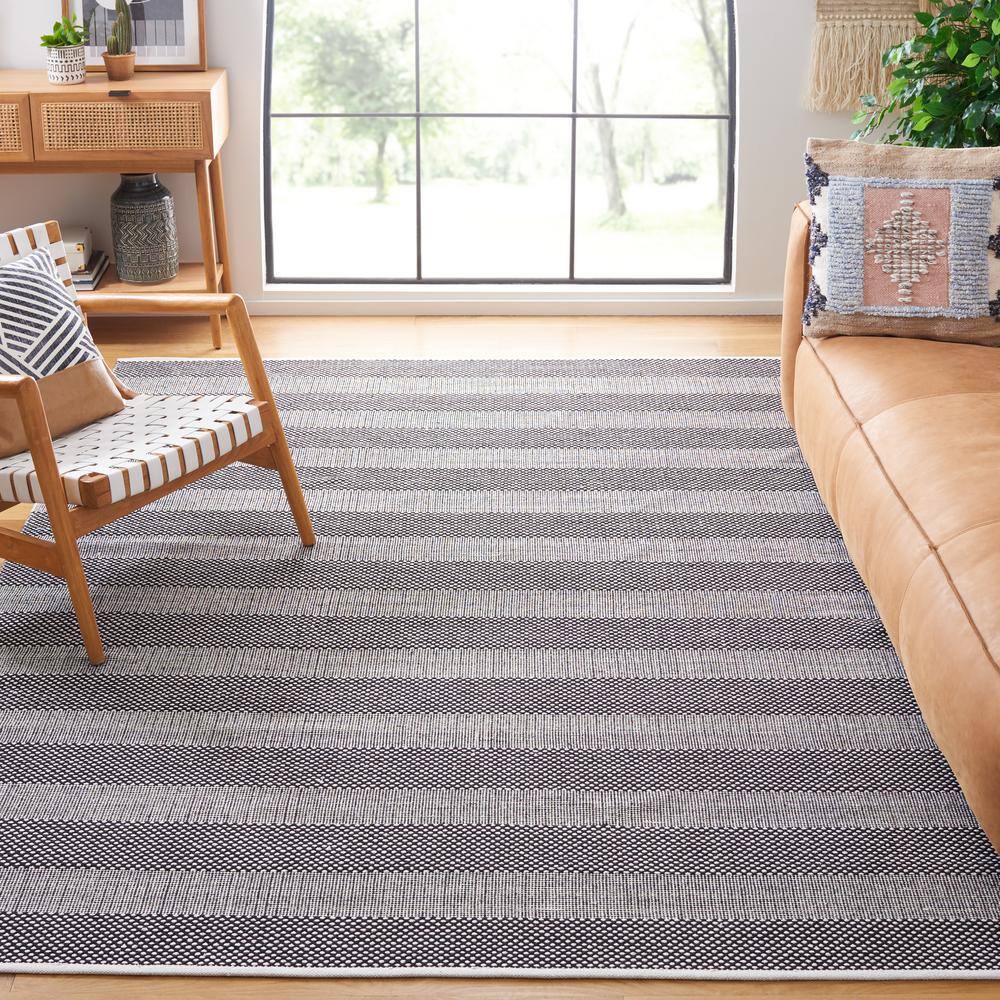 Black and Ivory Striped Flat Woven Wool Cotton 8' x 10' Rug