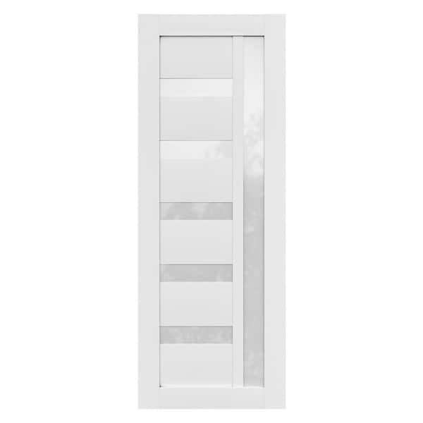 30 in. x 80 in. 6 Panel Solid Wood 6-Lite Frosted Glass Prefinished White Polycarbonate Interior Door Slab Moonflower
