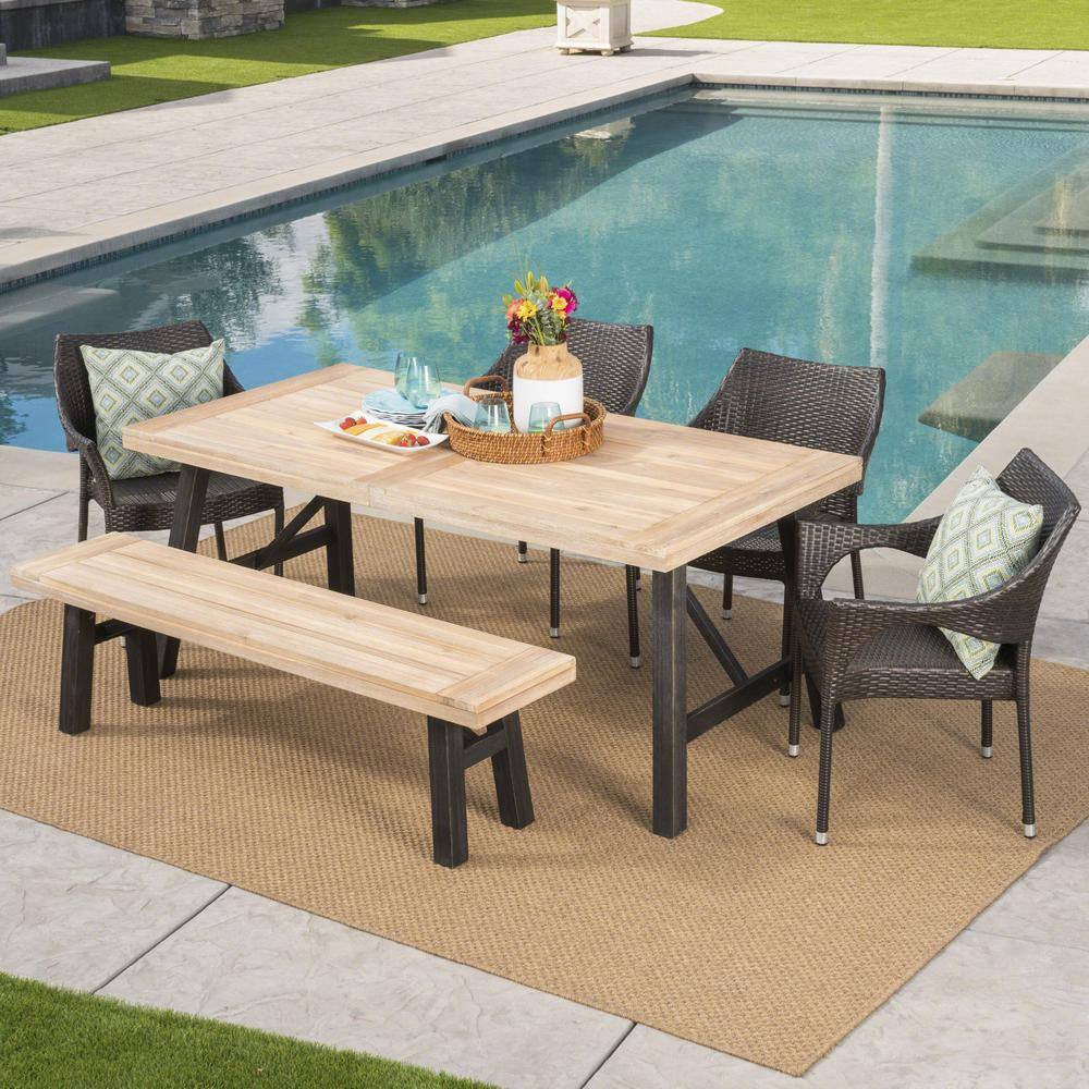 Noble House Coleman 6 Piece Wood And Wicker Outdoor Dining Set With Stacking Chairs And Bench 24297 The Home Depot