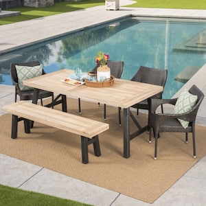 Coleman 6-Piece Wood and Faux Rattan Outdoor Patio Dining Set with Stacking Chairs and Bench