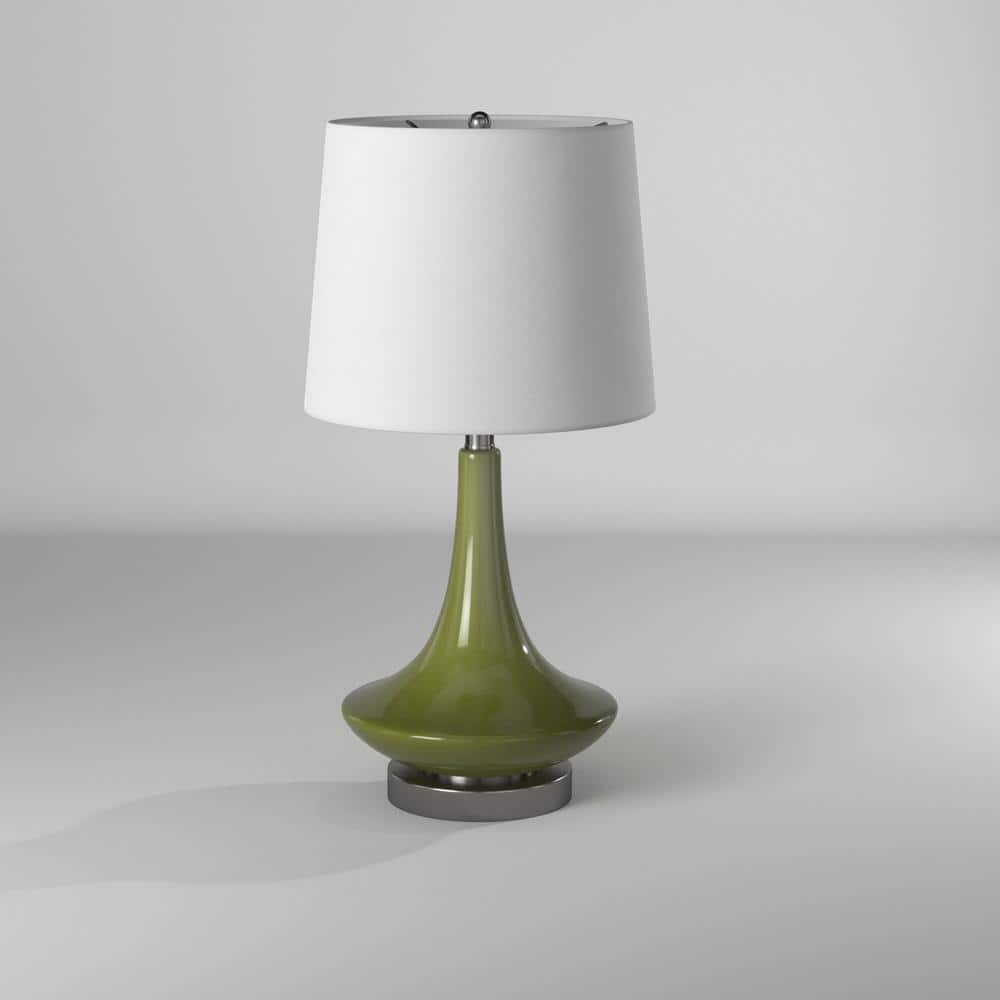 Green Glass Table Lamp with White Fabric Shade