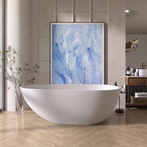 Foyil 59 in. Stone Resin Flatbottom Solid Surface Freestanding Double Slipper Soaking Bathtub in White with Brass Drain