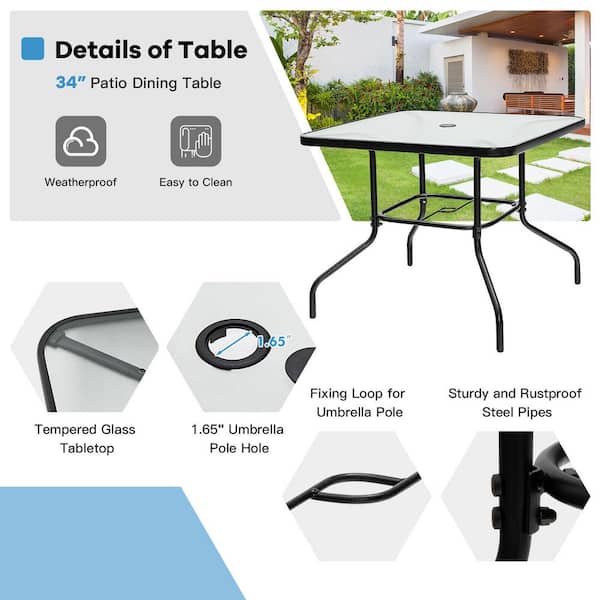 35 in. Black Metal Outdoor Dining Table with 1.65 in. Umbrella Hole and Tempered Glass Tabletop