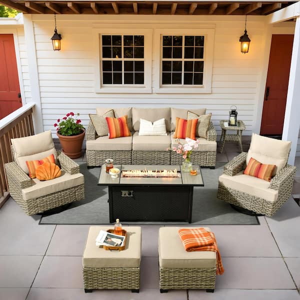 Tiberte Gray 9-Piece Wicker Patio 54 in. Rectangle Fire Pit Conversation Set with Beige Cushions and Swivel Chairs