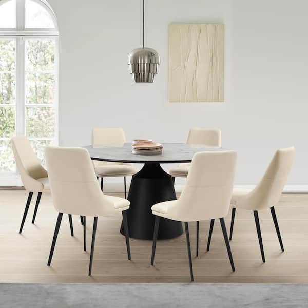 Armen Living Knox Genesis 7-Piece Round Stone Top Beige Dining Set