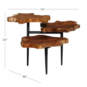 36 in. Brown Handmade Live Edge 3 Tier Large Round Wood End Accent Table with Black Base