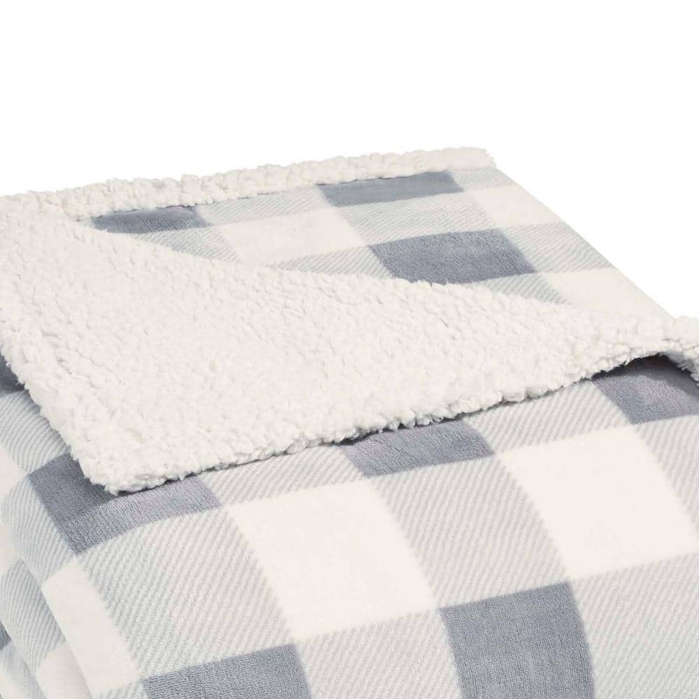 Full Reversible Sherpa Fleece Blanket in Gray Plaid
