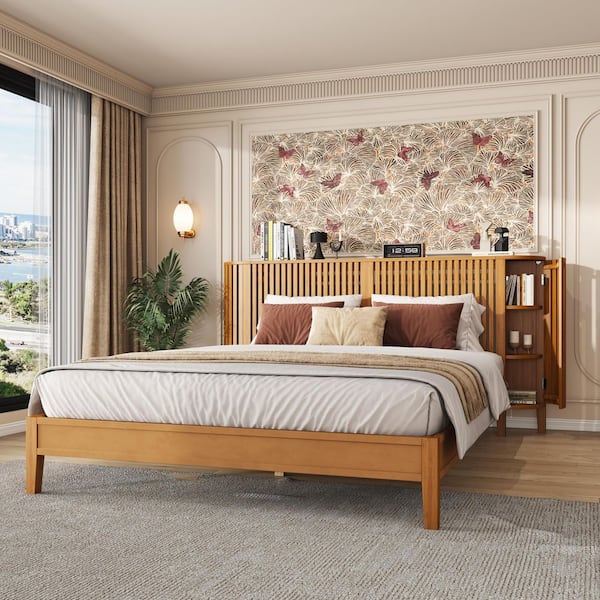 Brooke Brown Wood Frame Queen Size Platform Bed with Slat finish Headboard, Side Storages, Natural