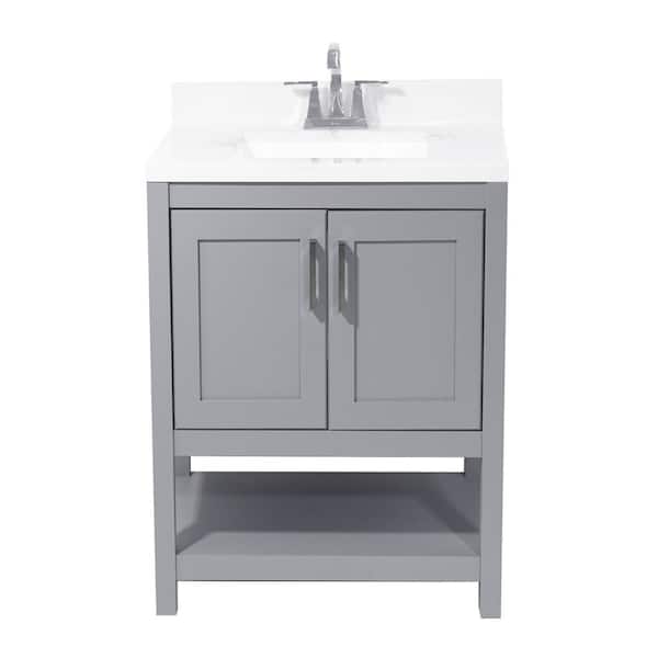 Amluxx Tufino 25 in. Bath Vanity in Grey with Cultured Marble Vanity Top with Backsplash in Carrara White with White Basin