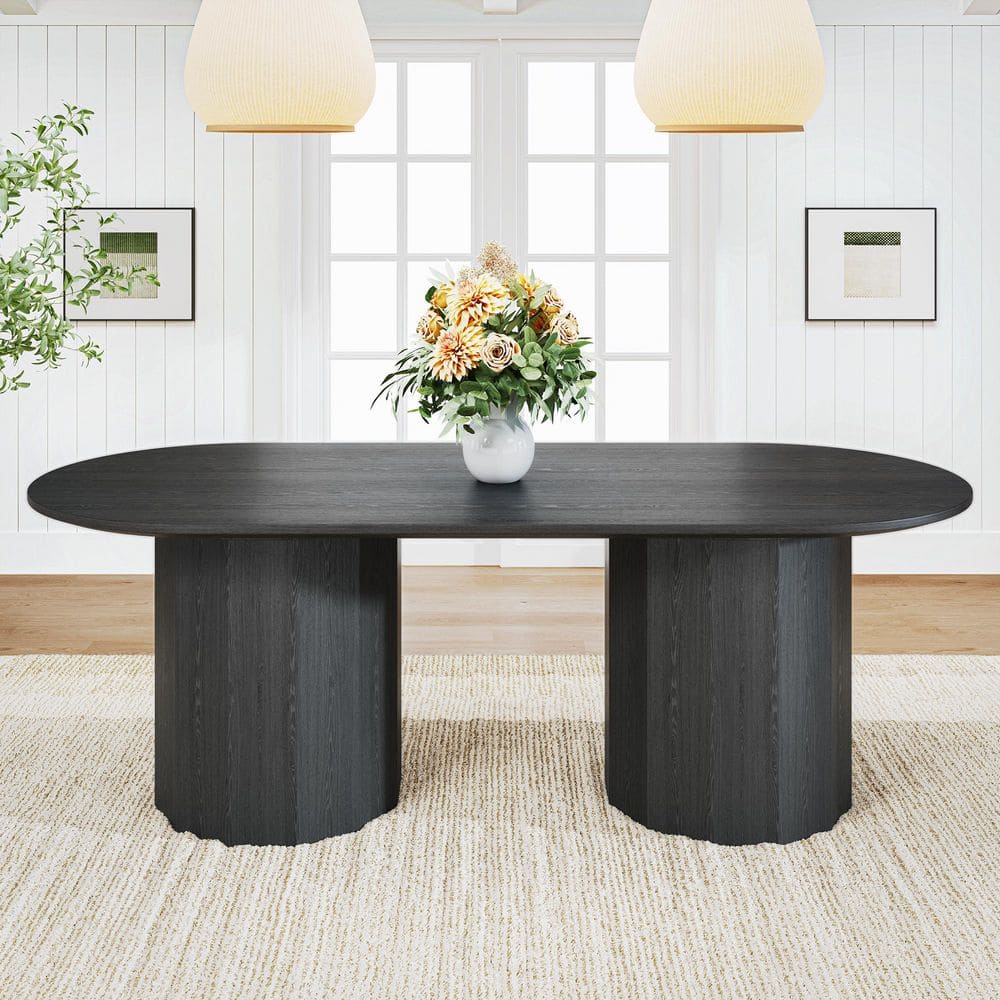 Lirago Farmhouse Black Oval Top Wood 86 in. Double Pedestal Base Dining ...