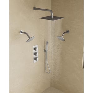 Thermostatic Valve 8-Spray 12 x 6 x 6 in. Wall Mount Dual Shower Head and Handheld Shower in Brushed Nickel