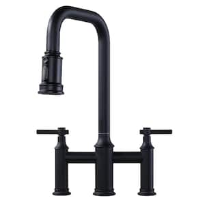 Double Handle Bridge Kitchen Faucet with Advanced Spray in Black