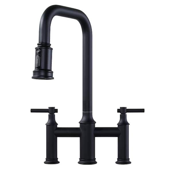 WOWOW Double Handle Bridge Kitchen Faucet with Advanced Spray in Black
