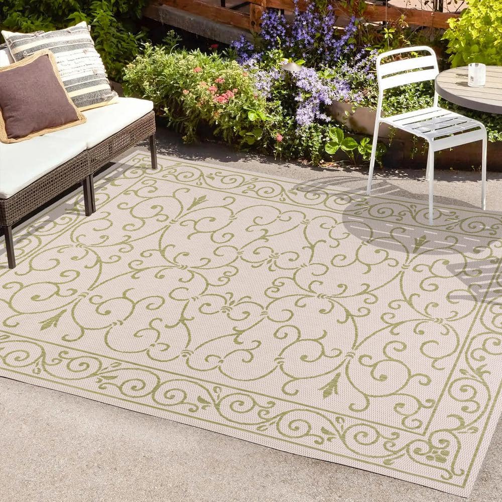 Charleston Green and Cream Synthetic Flat Woven Reversible Rug