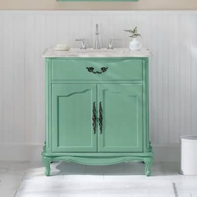 Provence 33 in. Single Sink Vintage Turquoise Bath Vanity with White Marble Top (Assembled)
