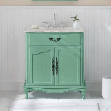 Provence 33 in. W x 22 in. D x 35 in. H Single Sink Freestanding Bath Vanity in Vintage Turquoise with White Marble Top